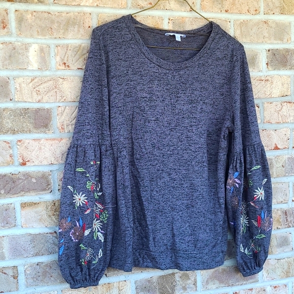 Time & Tru Women's Heathered Gray Balloon Sleeve Top - Picture 1 of 6